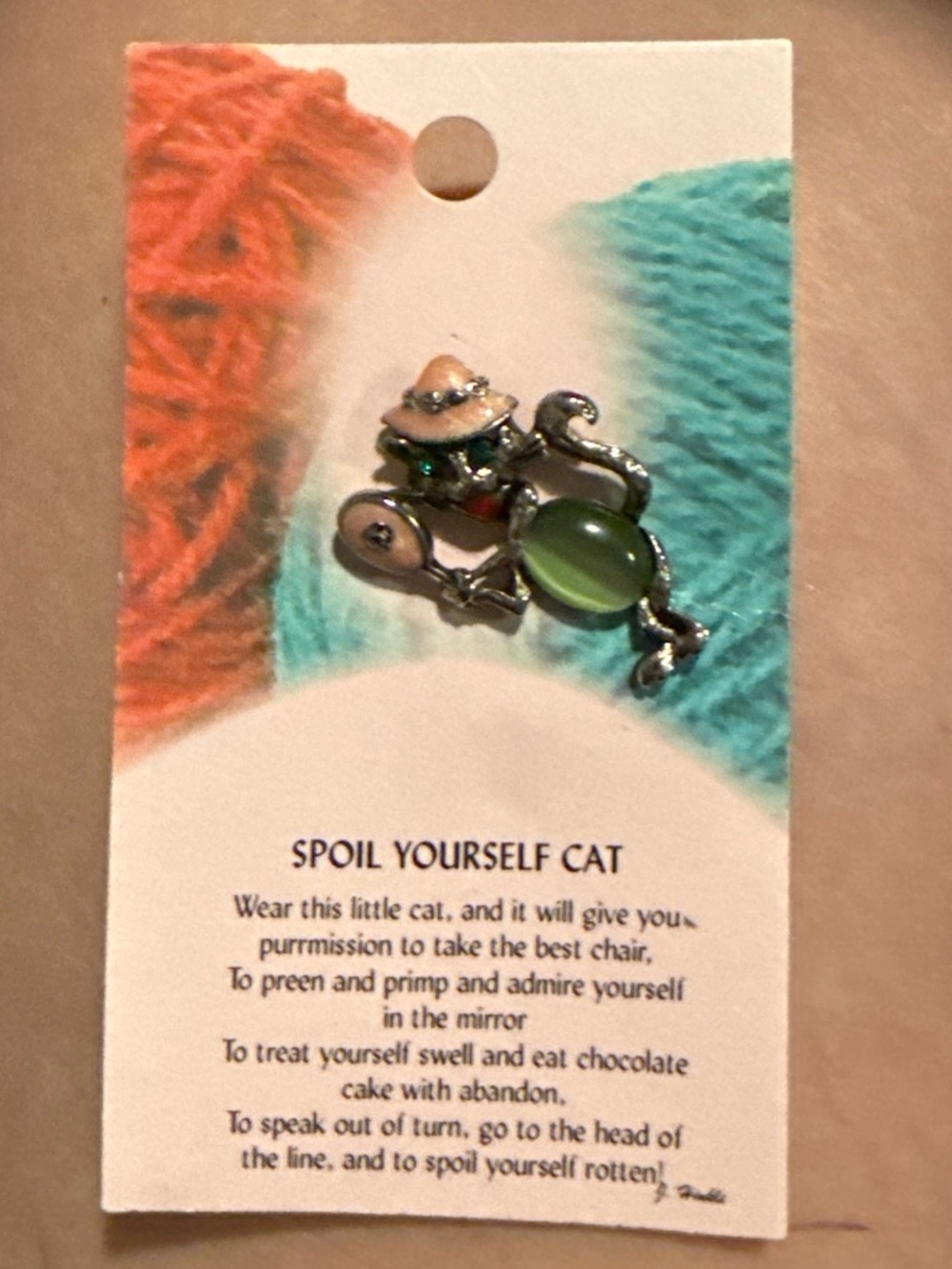 Vintage Spoil Yourself Cat Green Glass Accent Brooch